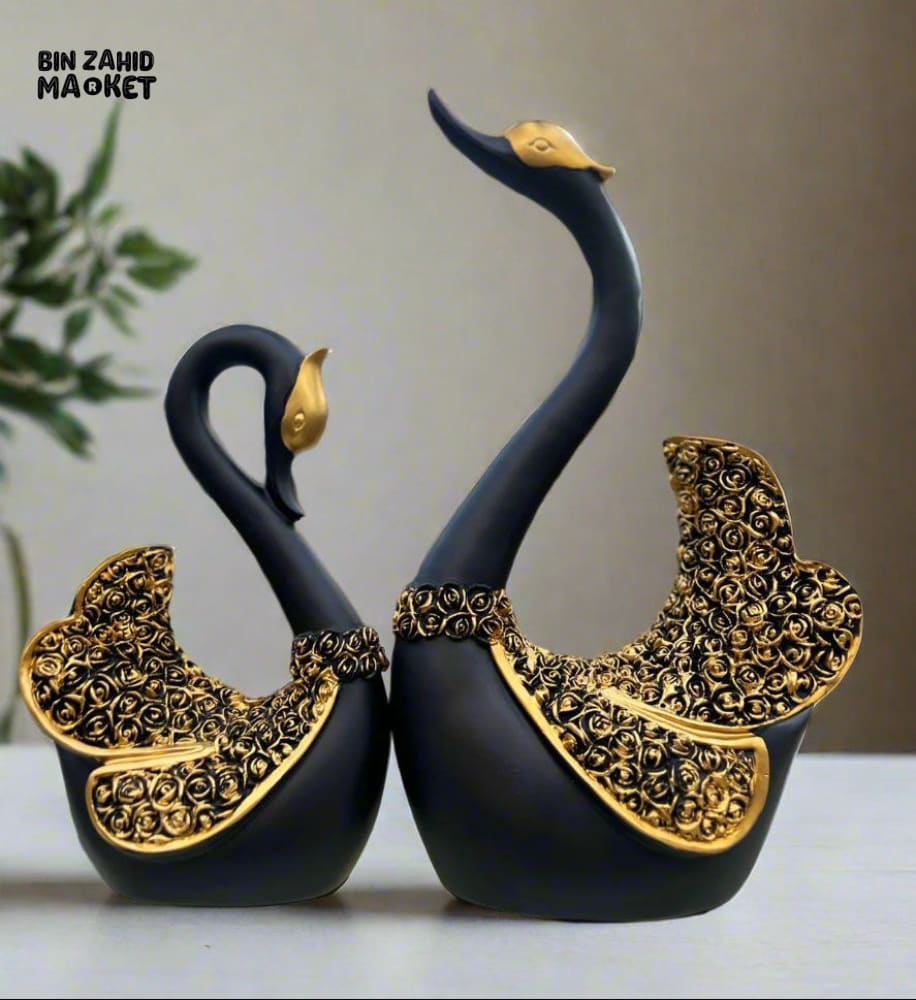 2 PIECES RESIN SWAN COUPLE STATUE ELEGANT TABLETOP DECOR & WEDDING GIFT FOR HOME OR OFFICE