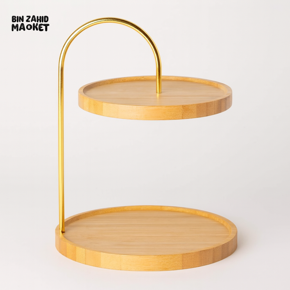 2-Tier Bamboo Serving Stand with Gold Metal Handle