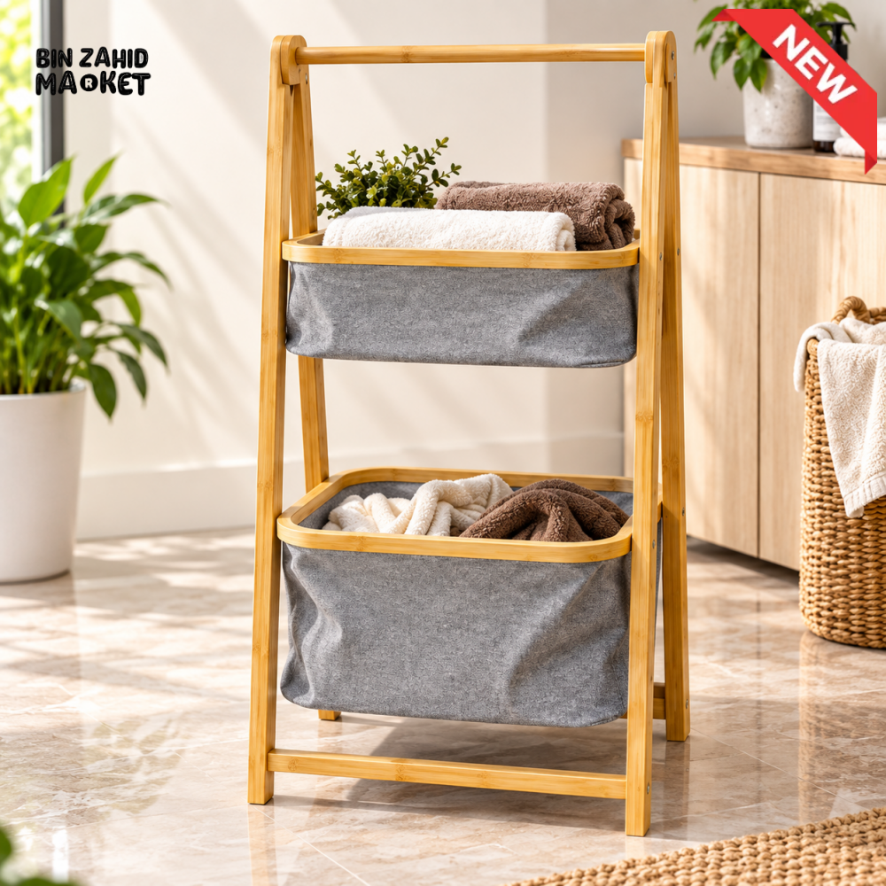 2-TIER BAMBOO STORAGE ORGANIZER RACK WITH FABRIC BASKETS