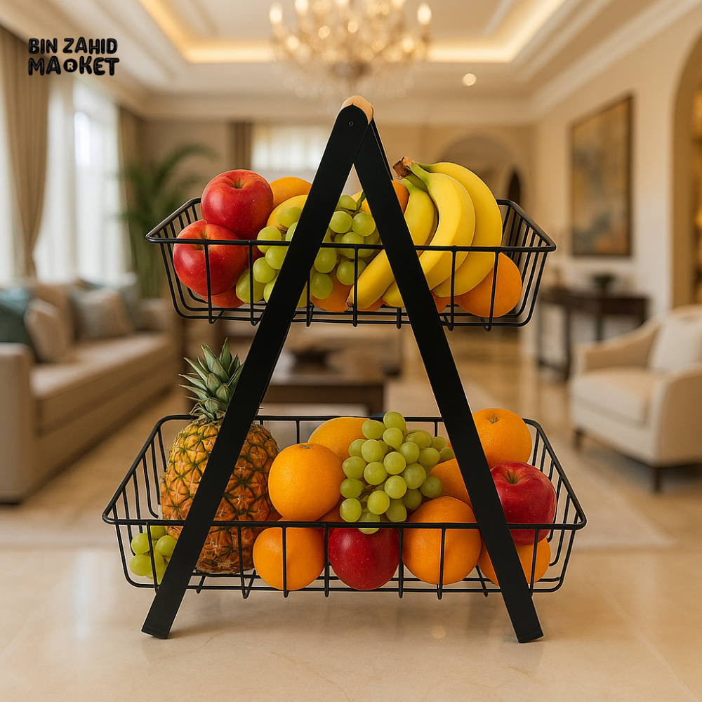 2-TIER BLACK METAL FRUIT BASKET STAND – LUXURY VILLA KITCHEN ORGANIZER FOR FRUITS & SNACKS DISPLAY