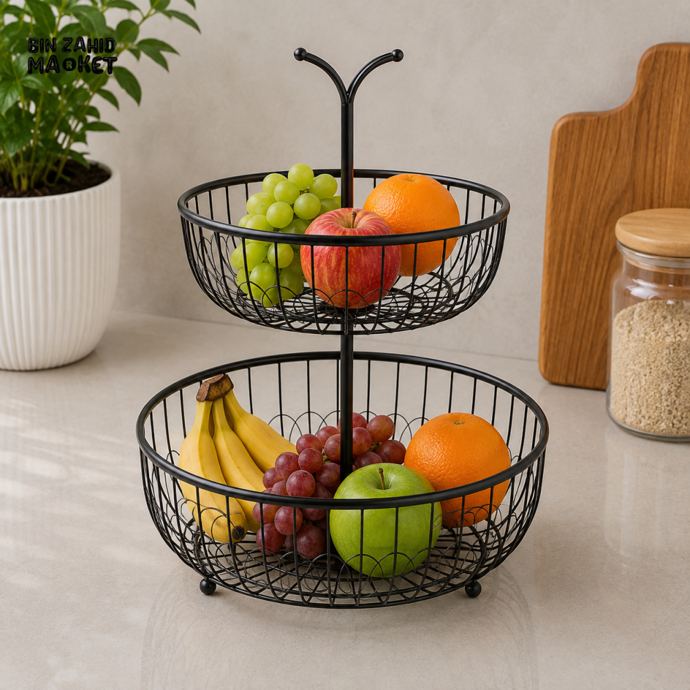 2-TIER BLACK METAL WIRE FRUIT BASKET WITH CENTER HANDLE