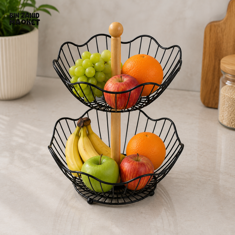 2-TIER BLACK METAL WIRE FRUIT BASKET WITH WOODEN CENTER STAND