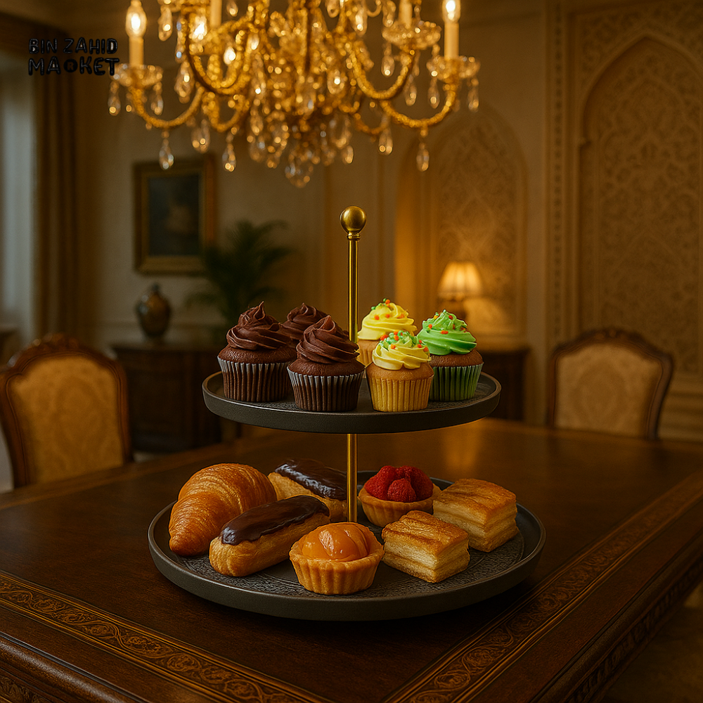 2 TIER DESSERT STAND WITH CUPCAKES & PASTRIES – LUXURY VILLA TABLE DISPLAY FOR HIGH-TEA & PARTIES