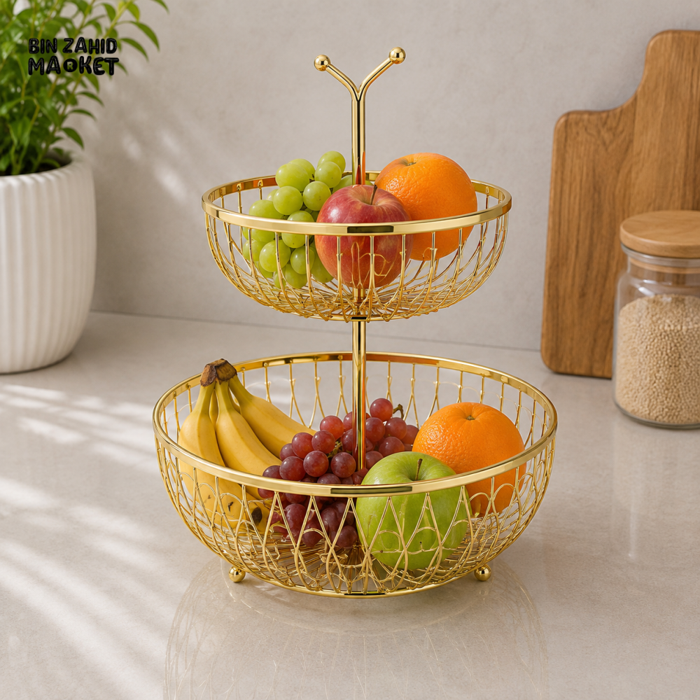 2-TIER GOLD METAL WIRE FRUIT BASKET WITH CENTER HANDLE