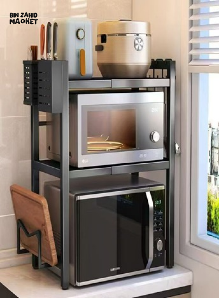 2-TIER KITCHEN APPLIANCE STORAGE RACK – MICROWAVE & RICE COOKER STAND WITH KNIFE HOLDER