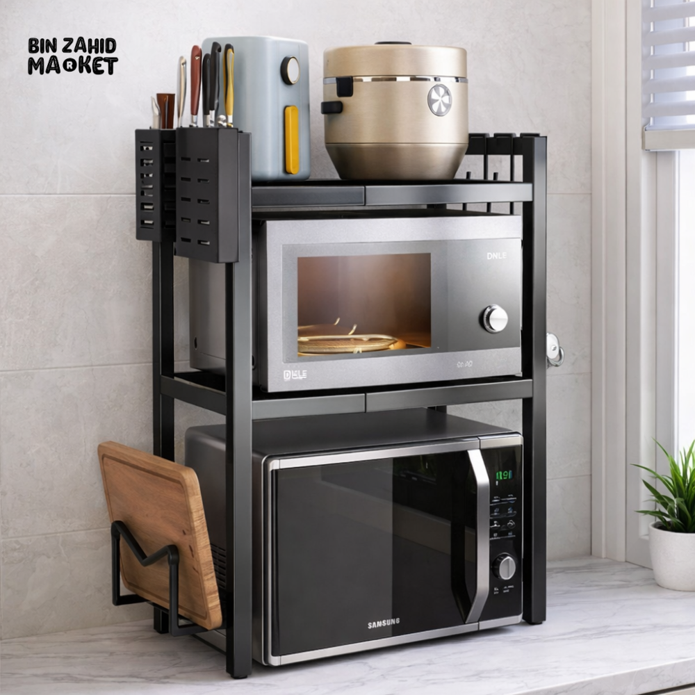 2-TIER KITCHEN APPLIANCE STORAGE RACK – MICROWAVE & RICE COOKER STAND WITH KNIFE HOLDER