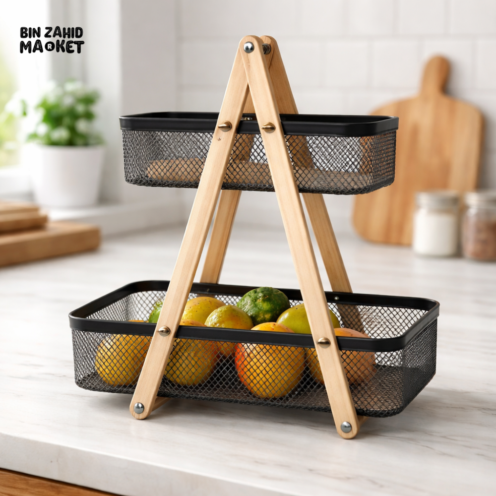 2-TIER KITCHEN COUNTERTOP ORGANIZER – WOOD & METAL FRUIT STORAGE RACK