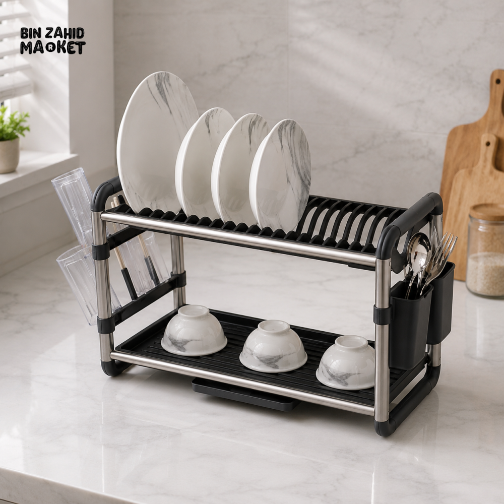 2-TIER KITCHEN DISH DRYING RACK WITH UTENSIL HOLDER