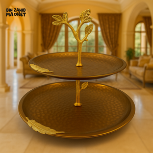 2-TIER LUXURY BRONZE SERVING TRAY WITH GOLD LEAF HANDLE – HIGHLY ELEGANT VILLA DECOR - ROUND