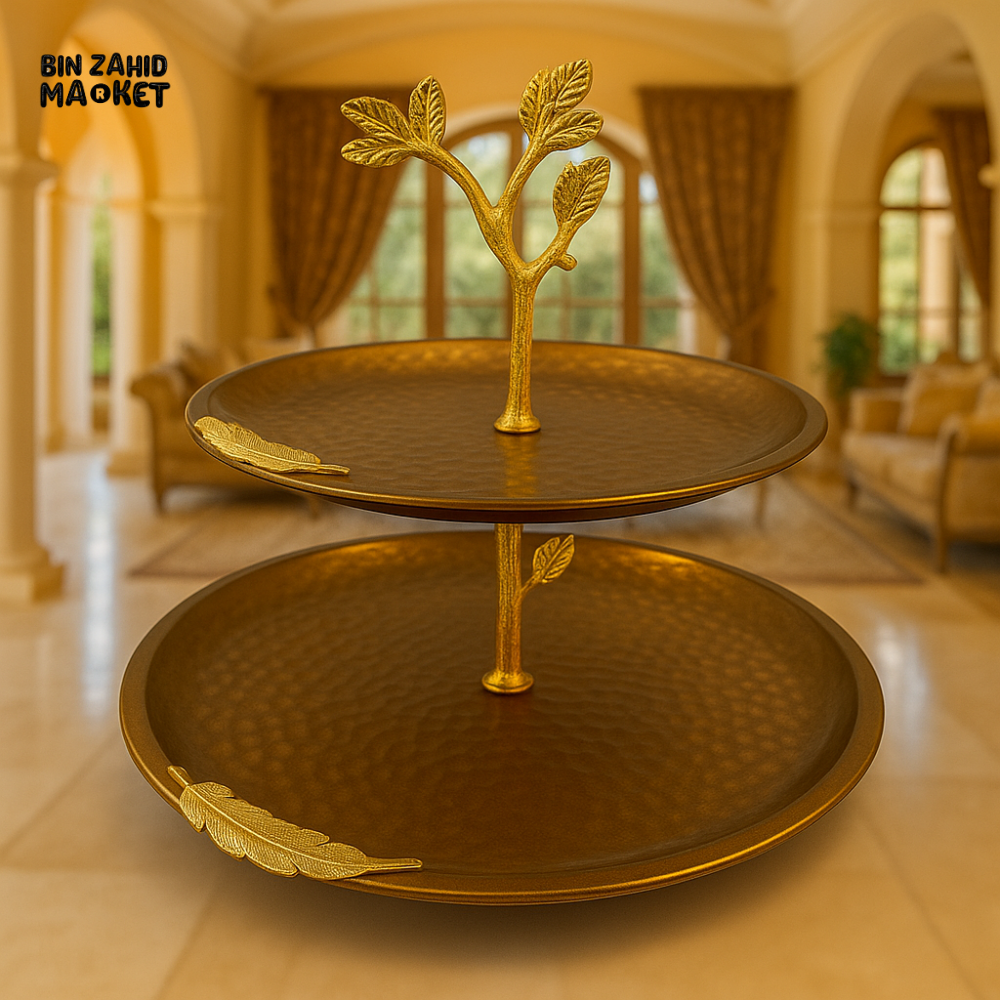 2-TIER LUXURY BRONZE SERVING TRAY WITH GOLD LEAF HANDLE – HIGHLY ELEGANT VILLA DECOR - ROUND