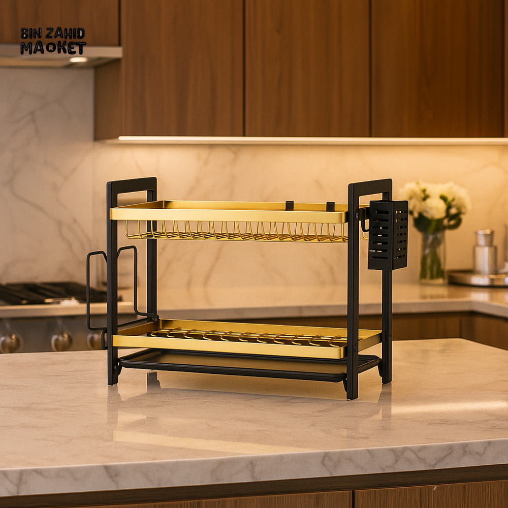 2 TIER LUXURY GOLD DISH RACK – KITCHEN COUNTERTOP PLATE & BOWL ORGANIZER STAND