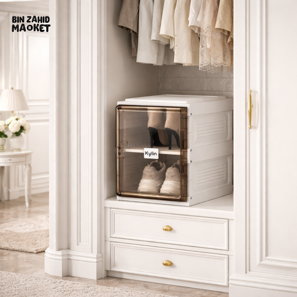 2-TIER LUXURY STACKABLE SHOE STORAGE BOX WITH TRANSPARENT DOOR – MODERN WARDROBE & ENTRYWAY ORGANIZER