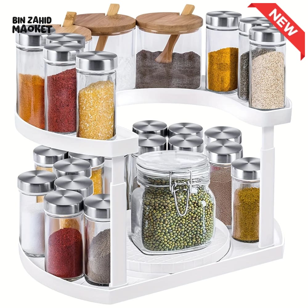 2-TIER SPICE RACK ORGANIZER – 360° ROTATABLE HEIGHT-ADJUSTABLE DESIGN