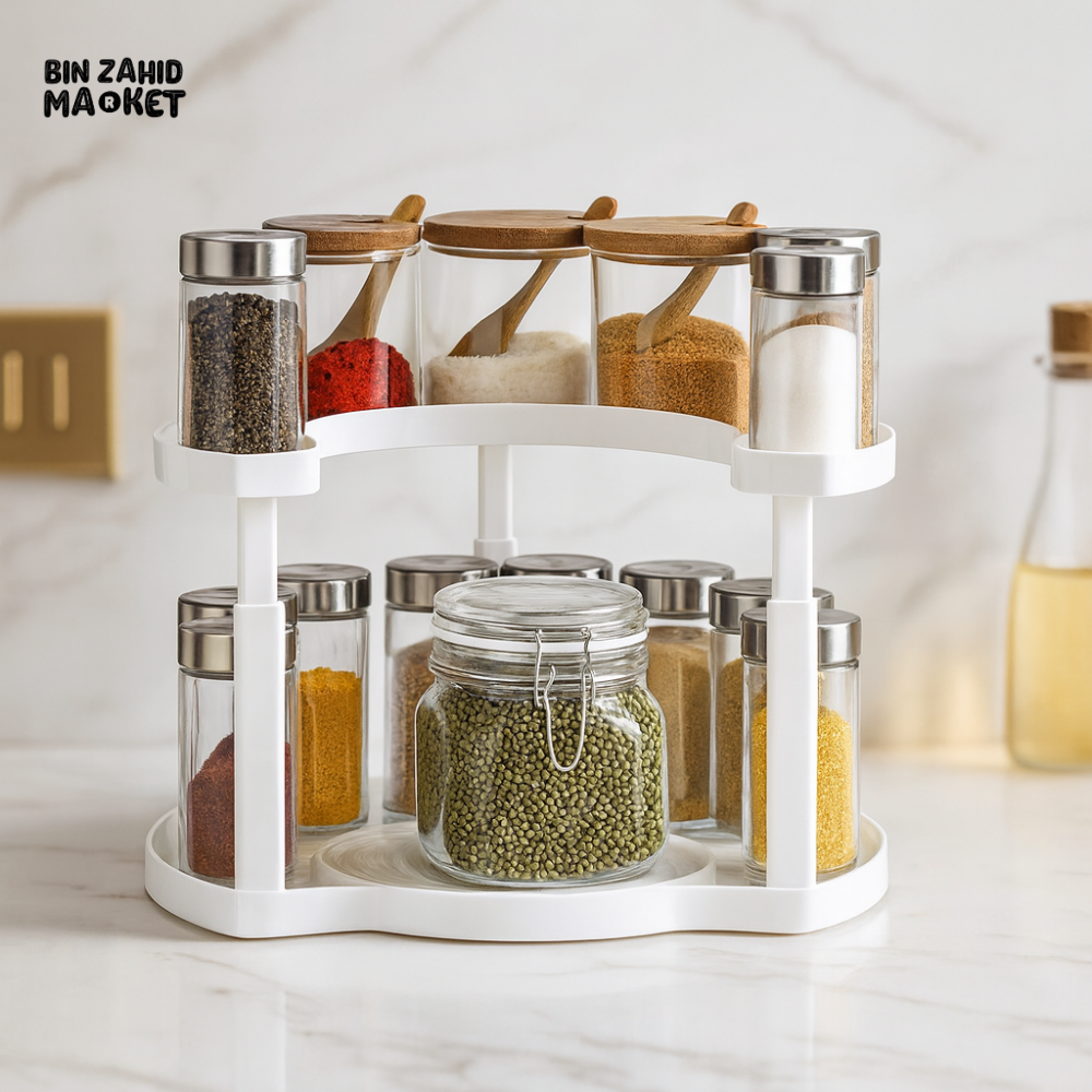 2-TIER SPICE RACK ORGANIZER – 360° ROTATABLE HEIGHT-ADJUSTABLE DESIGN