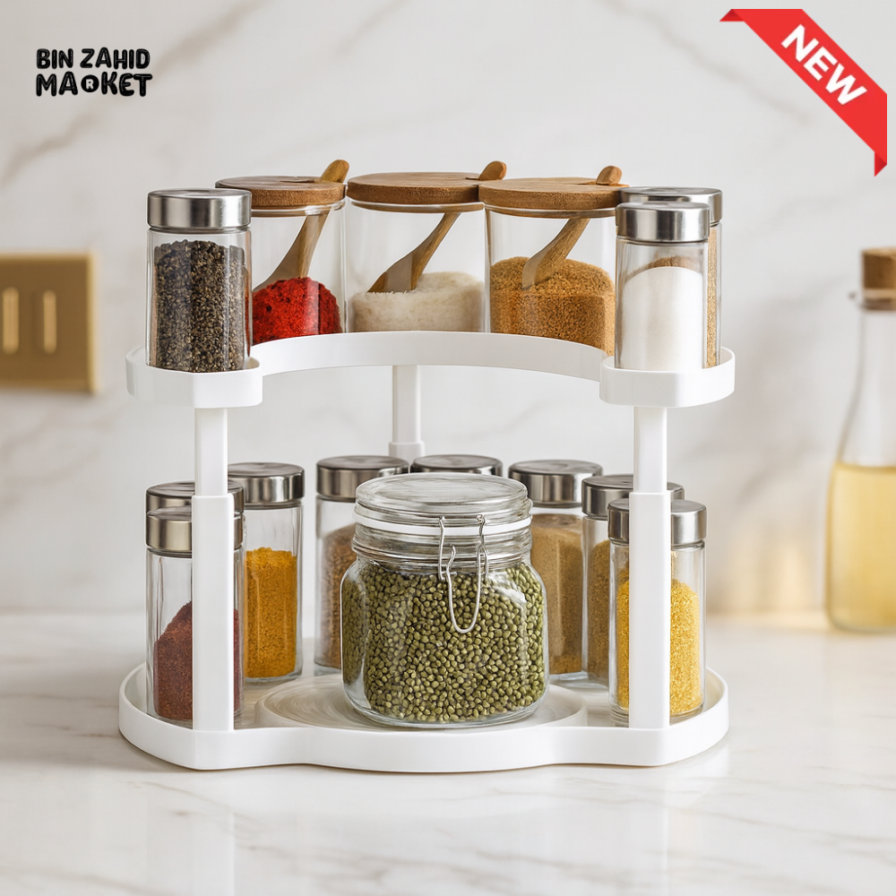 2-TIER SPICE RACK ORGANIZER – 360° ROTATABLE HEIGHT-ADJUSTABLE DESIGN