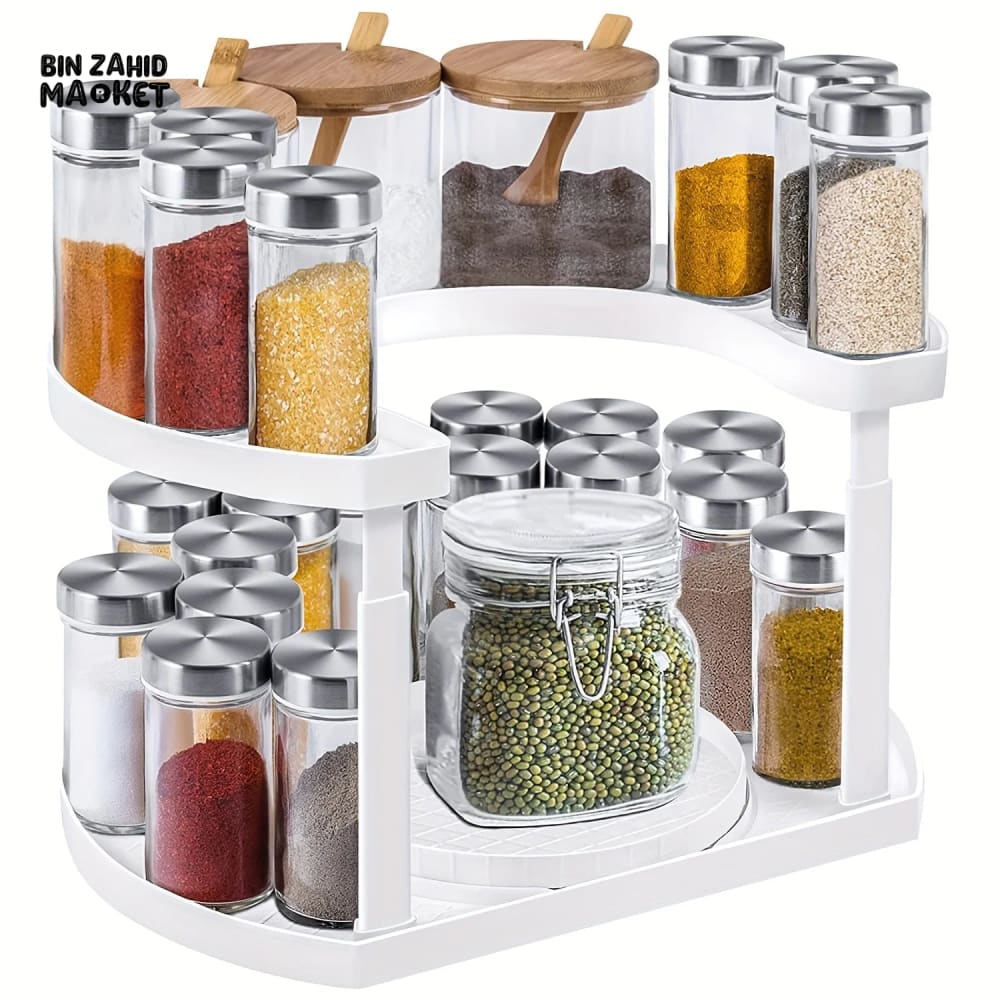 2-TIER SPICE RACK ORGANIZER – 360° ROTATABLE HEIGHT-ADJUSTABLE DESIGN