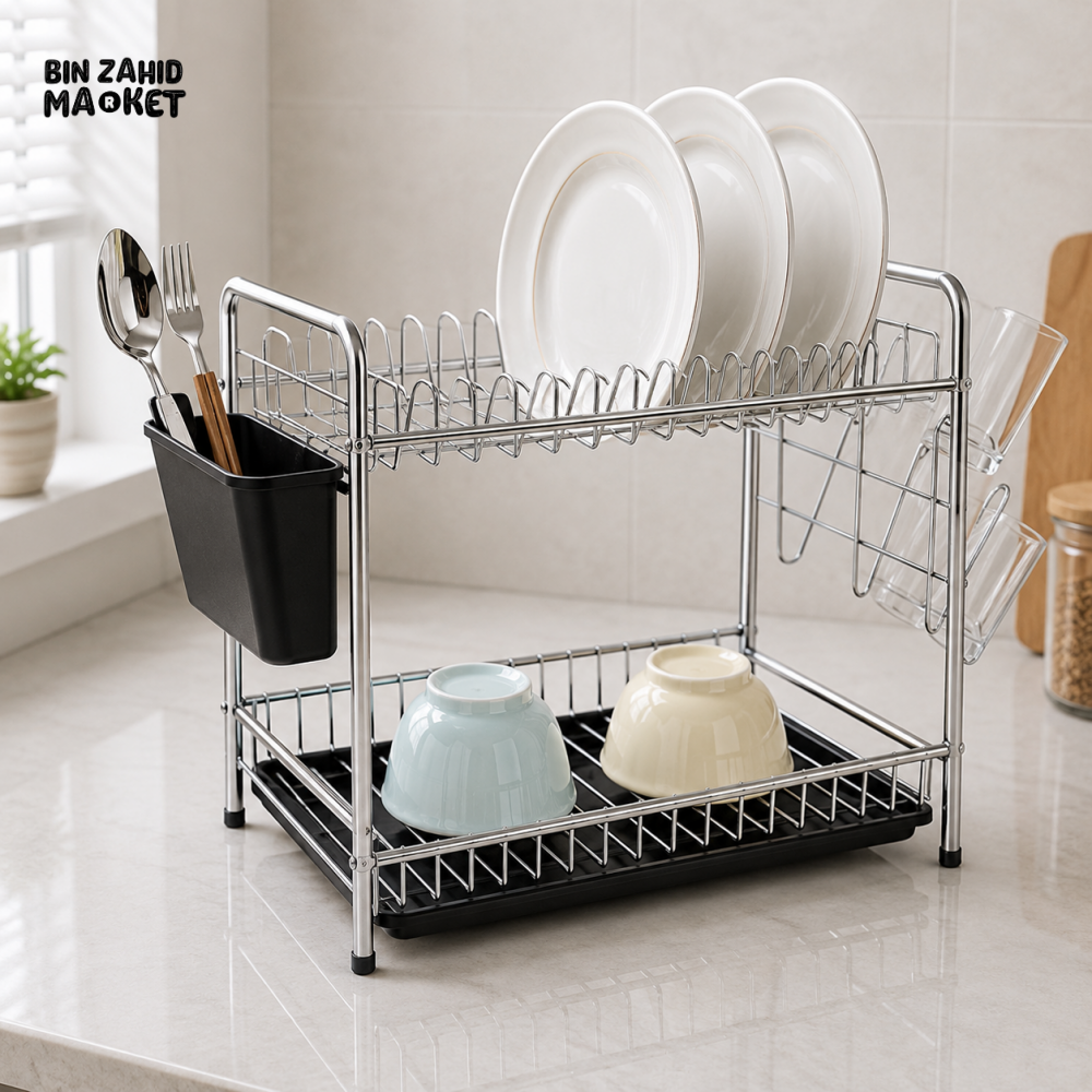 2-TIER STAINLESS STEEL DISH DRYING RACK WITH UTENSIL AND CUP HOLDERS