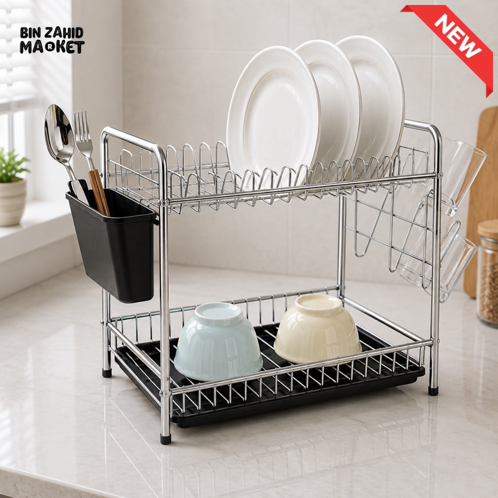 2-TIER STAINLESS STEEL DISH DRYING RACK WITH UTENSIL AND CUP HOLDERS