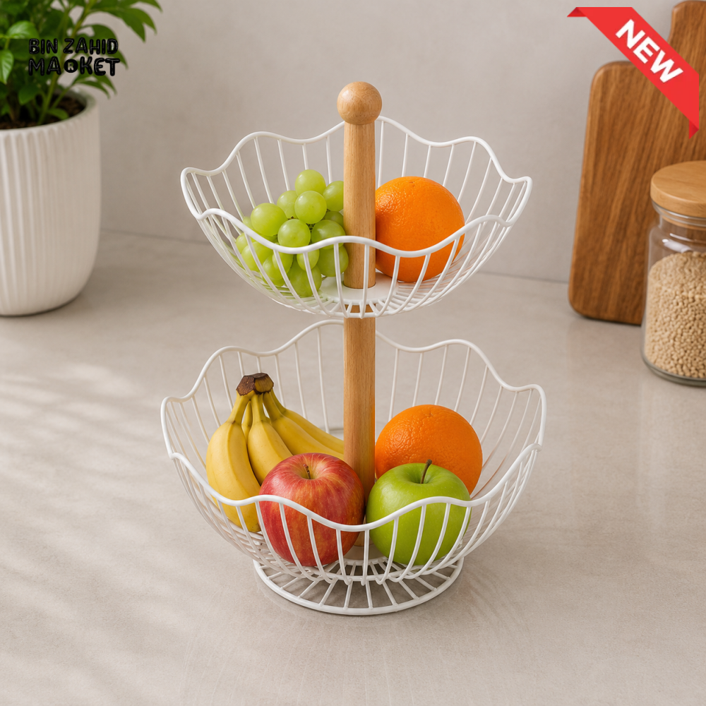 2-TIER WHITE METAL WIRE FRUIT BASKET WITH WOODEN CENTER STAND