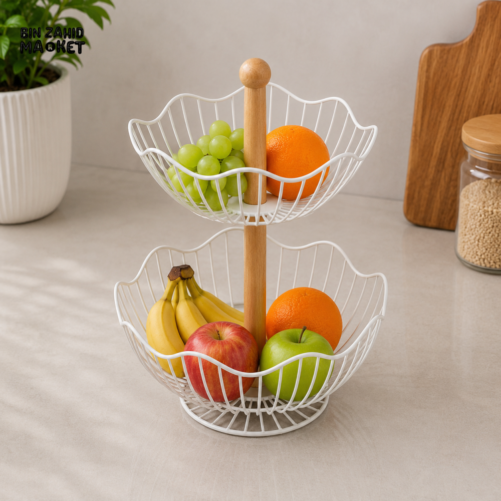 2-TIER WHITE METAL WIRE FRUIT BASKET WITH WOODEN CENTER STAND
