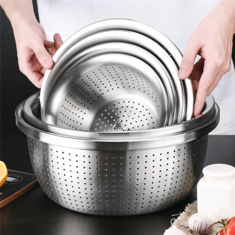 THICKEN STAINLESS STEEL DRAIN BASIN VEGETABLE FRUIT COLANDER RICE SIEVE KITCHEN ACCESSORY