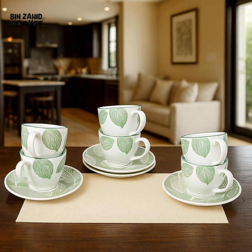 200ML 6PIECE CERAMIC CUP & SAUCER SET – GREEN LEAF DESIGN FOR LUXURY KITCHEN SERVING