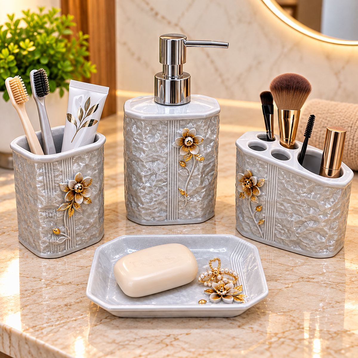 PEARL GREY FLORAL DESIGN CERAMIC BATHROOM ACCESSORY SET