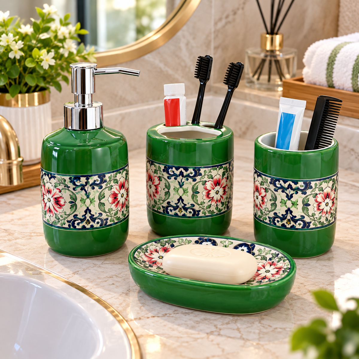 Green Floral Design Ceramic Bathroom Accessory Set