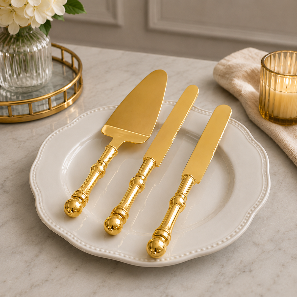 CAKE SERVER & CAKE KNIFE SET GOLD & SILVER - 2 PCS