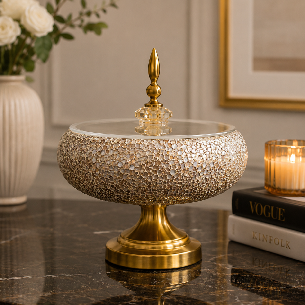 DECORATIVE PEDESTAL STORAGE BOWL WITH LID
