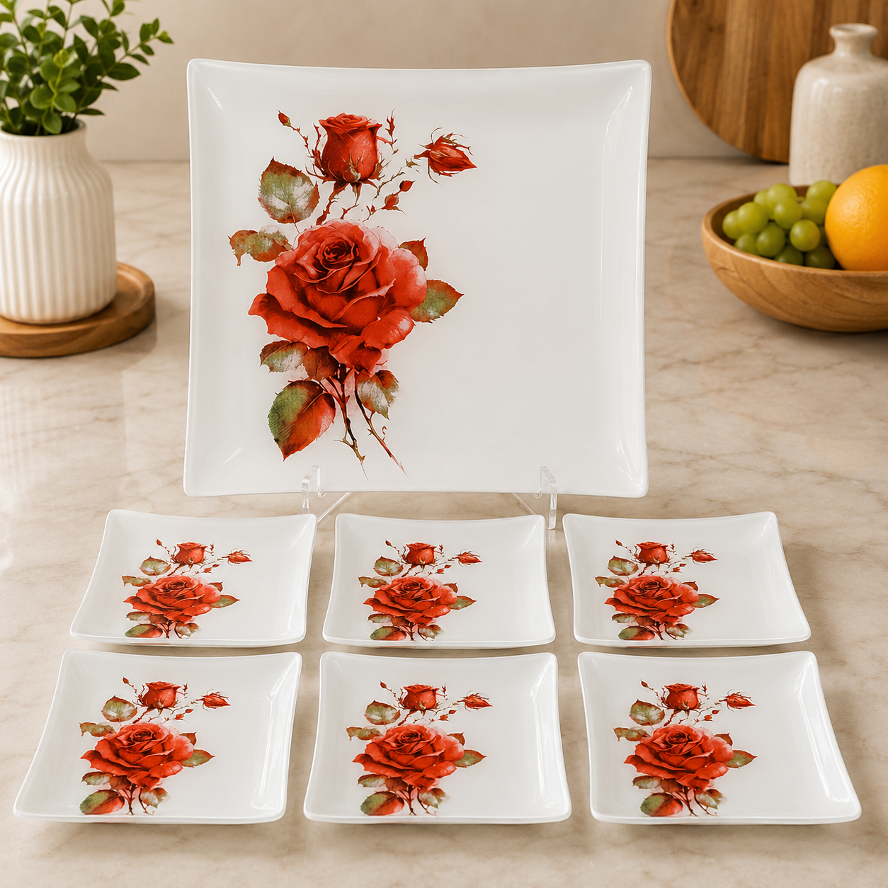 ARCOFAM WHITE ROSE GLASS SERVING 7 PIECE PLATE SET - YALINZ
