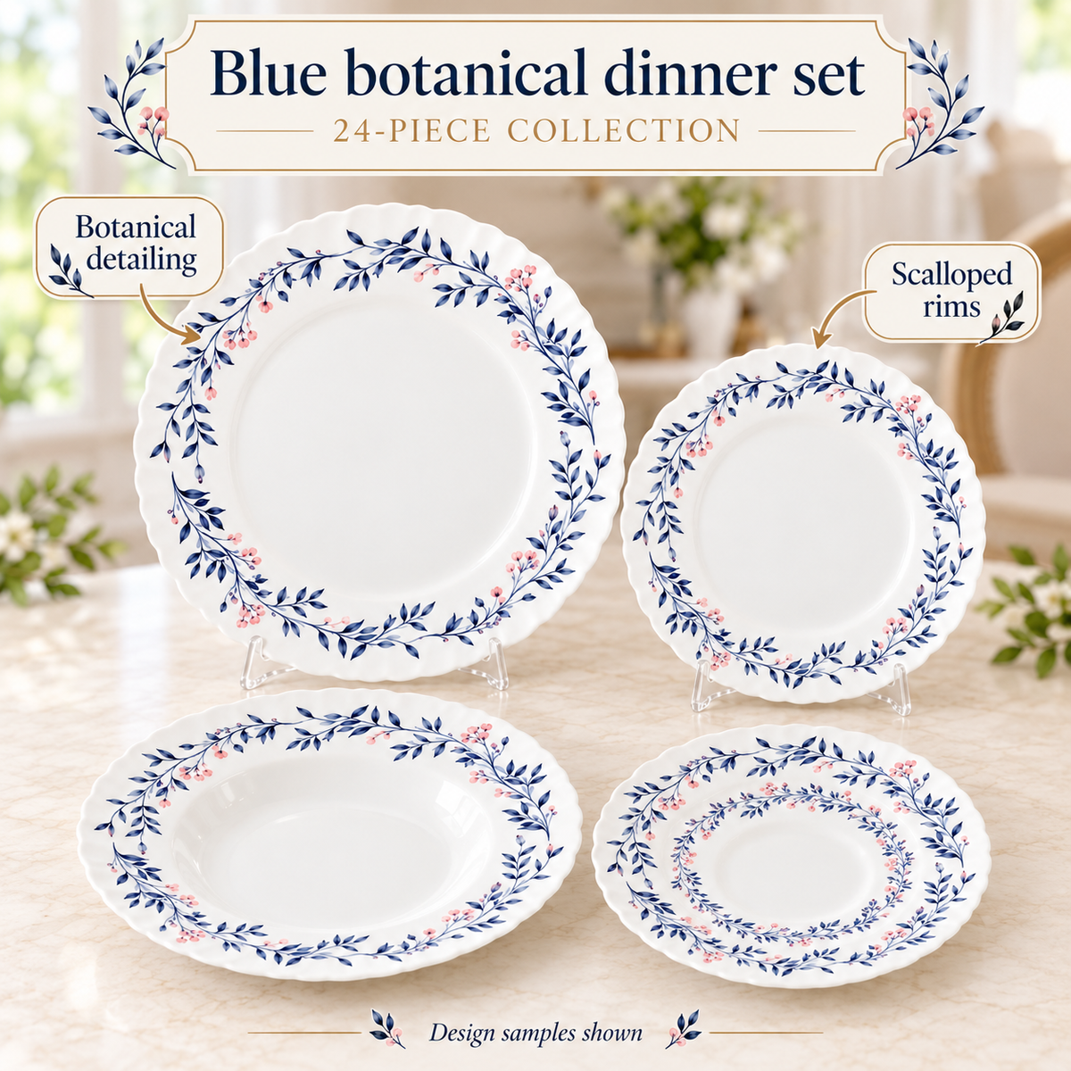 Danny Home 24-Piece Blue Botanical Dinner Set