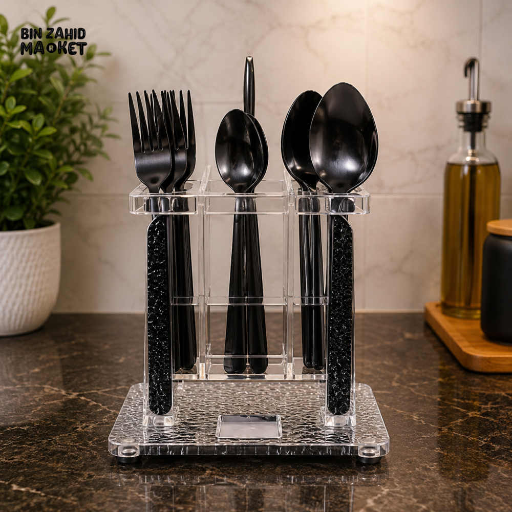 24 PCS BLACK STAINLESS STEEL CUTLERY SET WITH ACRYLIC STAND - Cutlery Sets