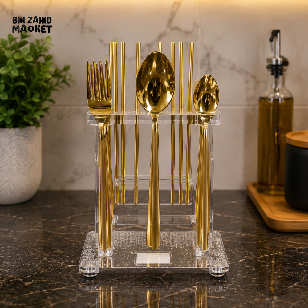 24 PCS GOLD STAINLESS STEEL CUTLERY SET WITH ACRYLIC STAND - Cutlery Sets