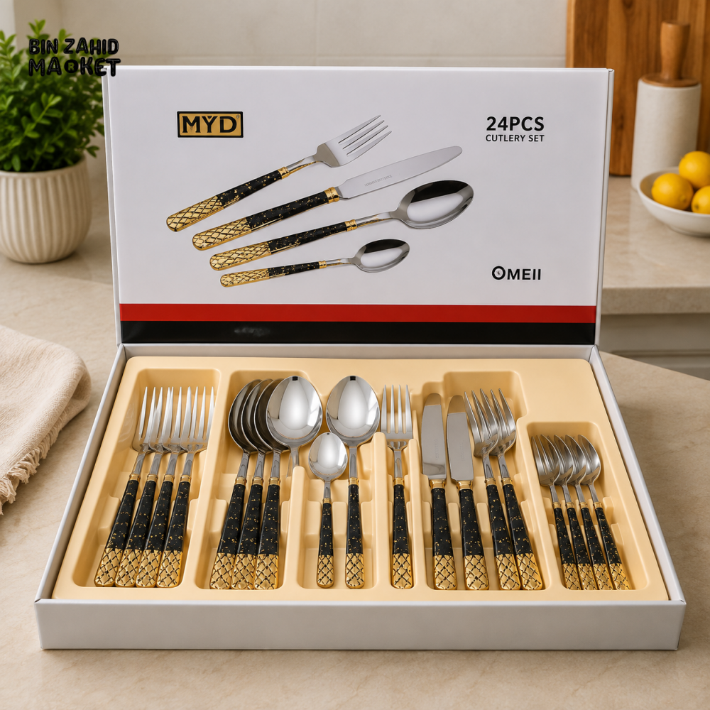 24-PIECE BLACK AND GOLD STAINLESS STEEL CUTLERY SET WITH GIFT BOX