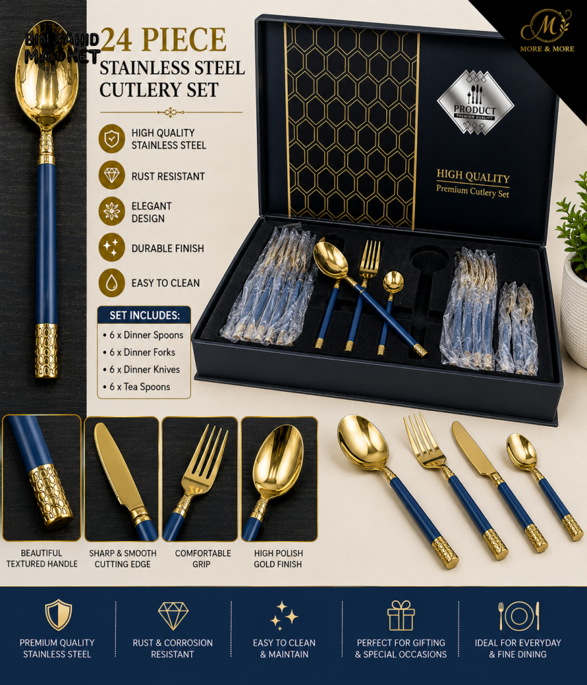 24 PIECE BLUE HANDLE GOLD STAINLESS STEEL CUTLERY SET WITH GIFT BOX - Cutlery Sets