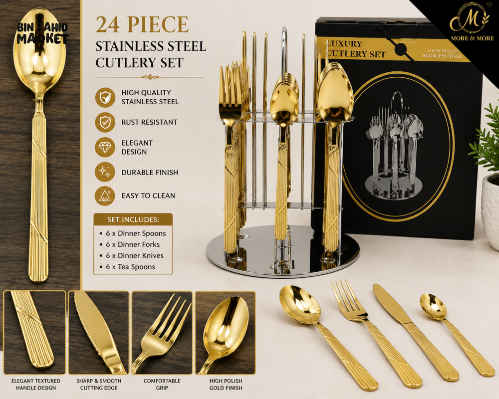 24 PIECE GOLD STAINLESS STEEL CUTLERY SET WITH DISPLAY STAND - Tiered Stands