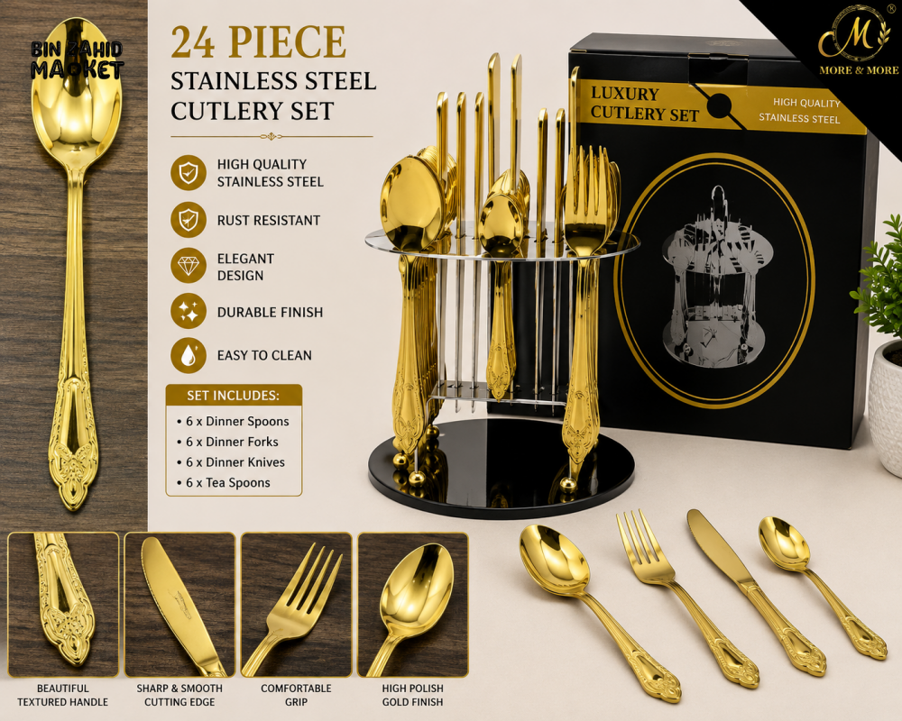 24 PIECE GOLD STAINLESS STEEL CUTLERY SET WITH DISPLAY STAND - Tiered Stands