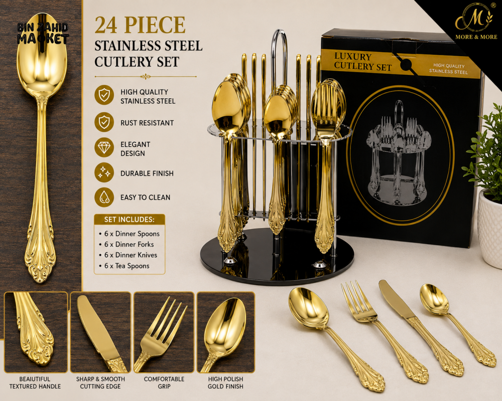 24 PIECE GOLD STAINLESS STEEL CUTLERY SET WITH DISPLAY STAND - Tiered Stands