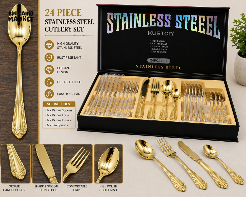 24 PIECE GOLD STAINLESS STEEL CUTLERY SET WITH ORNATE HANDLES - Cutlery Sets