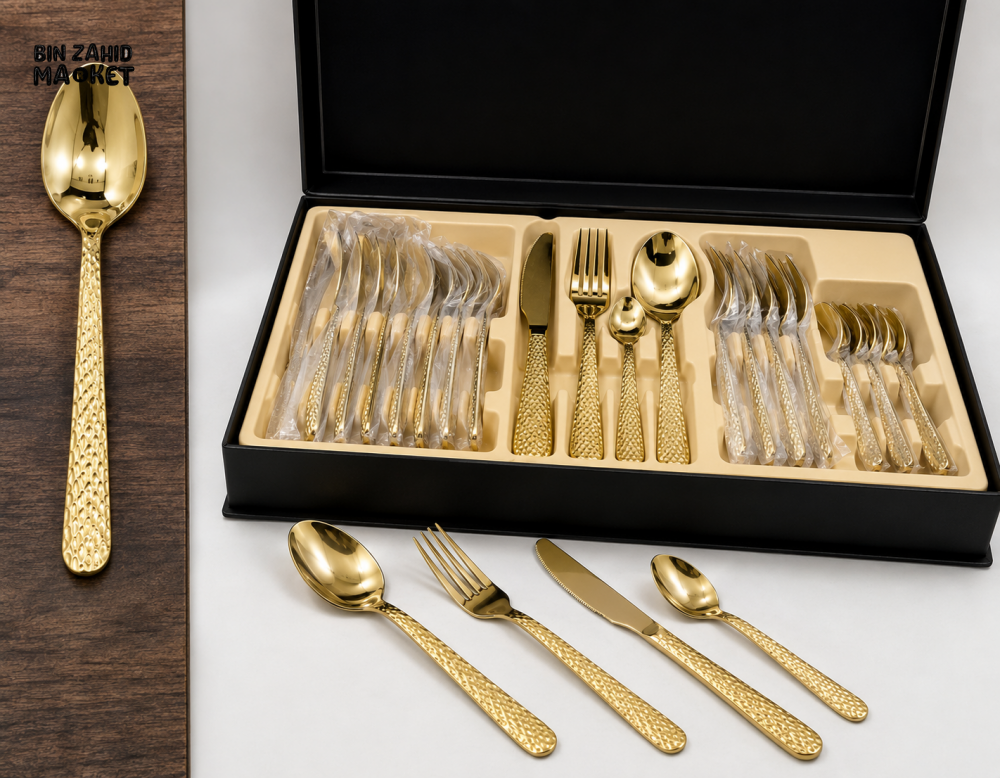 24 PIECE GOLD STAINLESS STEEL CUTLERY SET WITH STORAGE BOX - Cutlery Sets