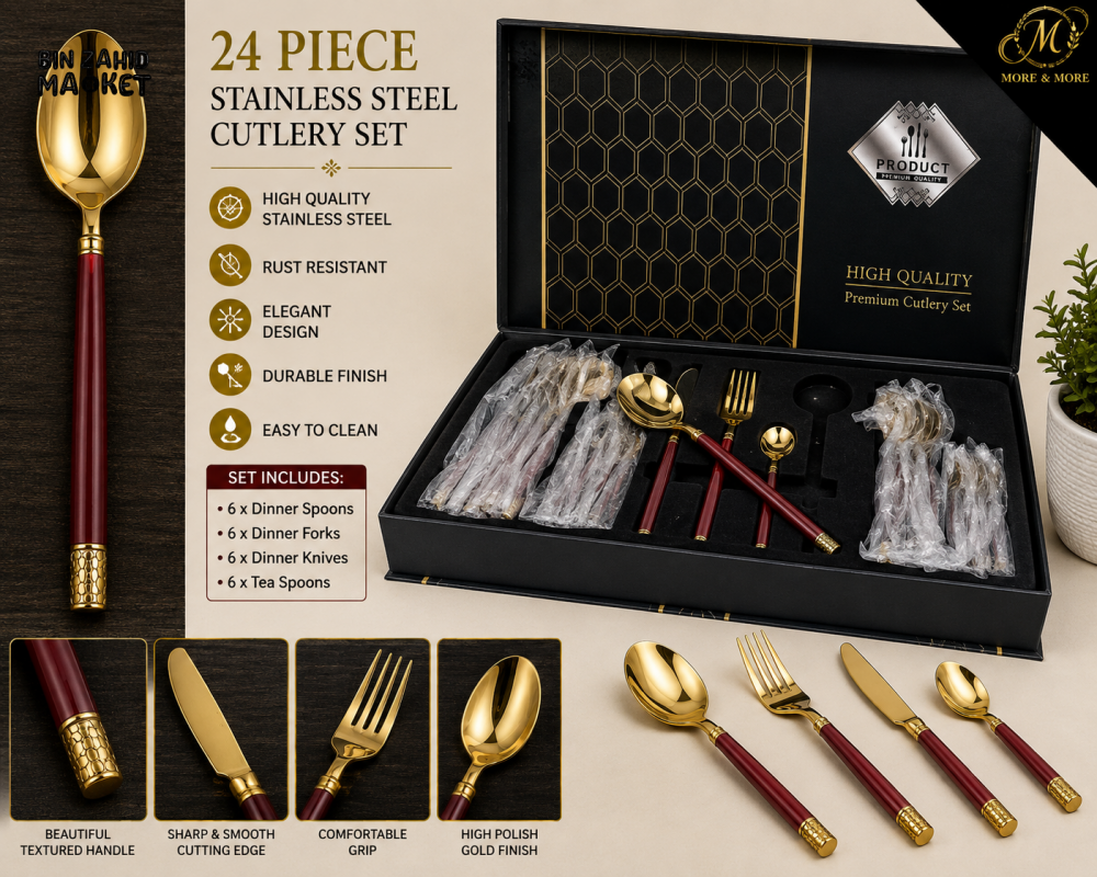 24 PIECE MAROON HANDLE GOLD STAINLESS STEEL CUTLERY SET WITH GIFT BOX