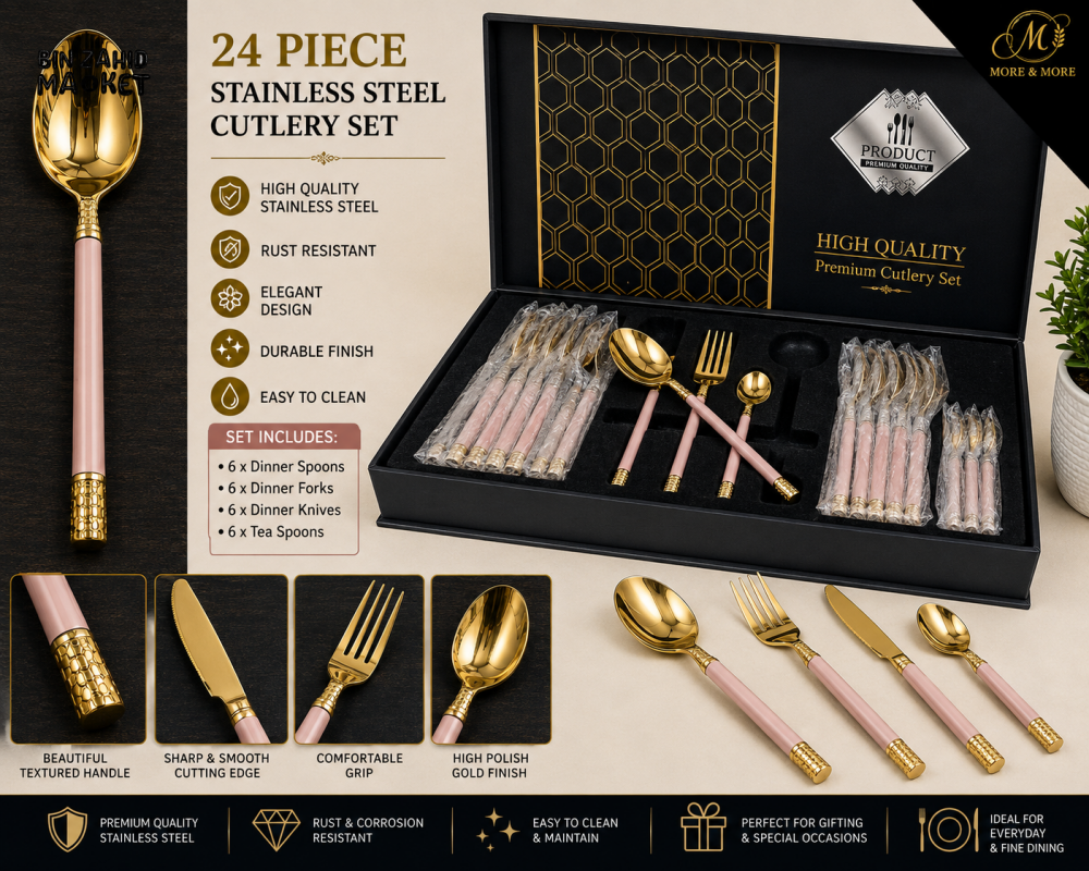 24 PIECE PINK HANDLE GOLD STAINLESS STEEL CUTLERY SET WITH GIFT BOX - Cutlery Sets