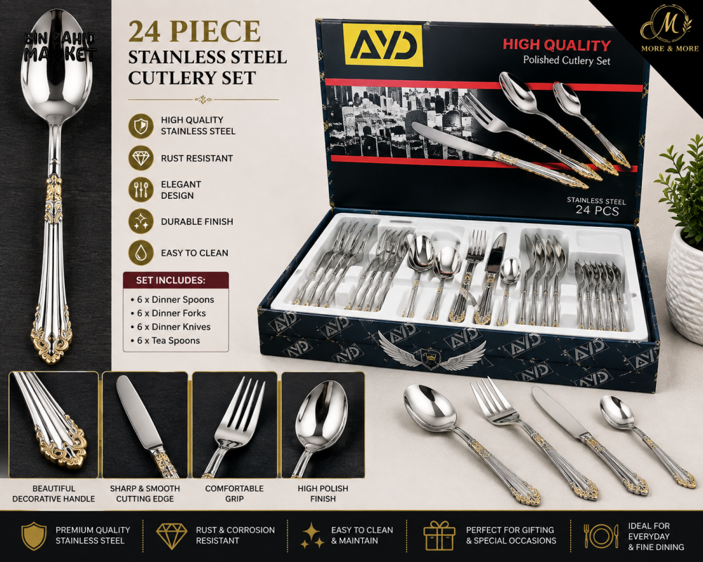 24 PIECE SILVER STAINLESS STEEL CUTLERY SET WITH GOLD DECORATIVE HANDLES - Cutlery Sets