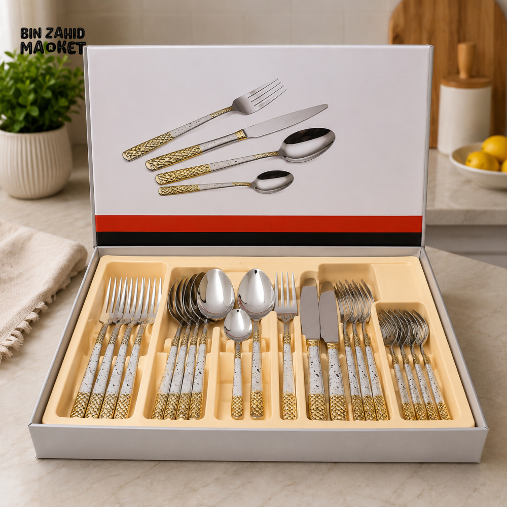 24-PIECE STAINLESS STEEL GOLD ACCENT CUTLERY SET WITH GIFT BOX