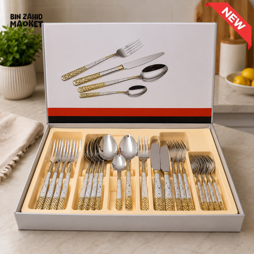 24-PIECE STAINLESS STEEL GOLD ACCENT CUTLERY SET WITH GIFT BOX