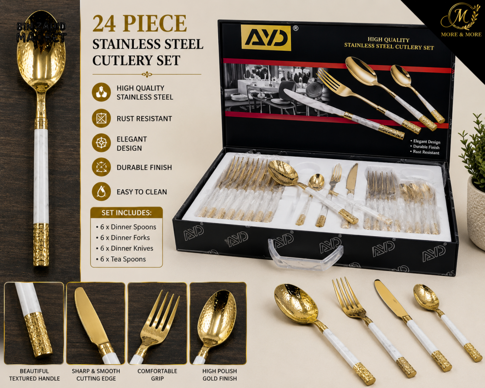 24 PIECE WHITE MARBLE HANDLE GOLD STAINLESS STEEL CUTLERY SET WITH STORAGE BOX - Cutlery Sets
