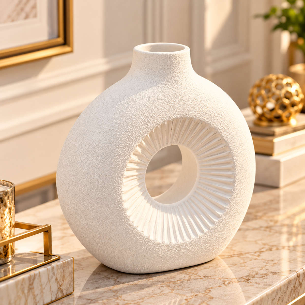 WHITE ROUND OPEN CENTER DECORATIVE VASE - LARGE