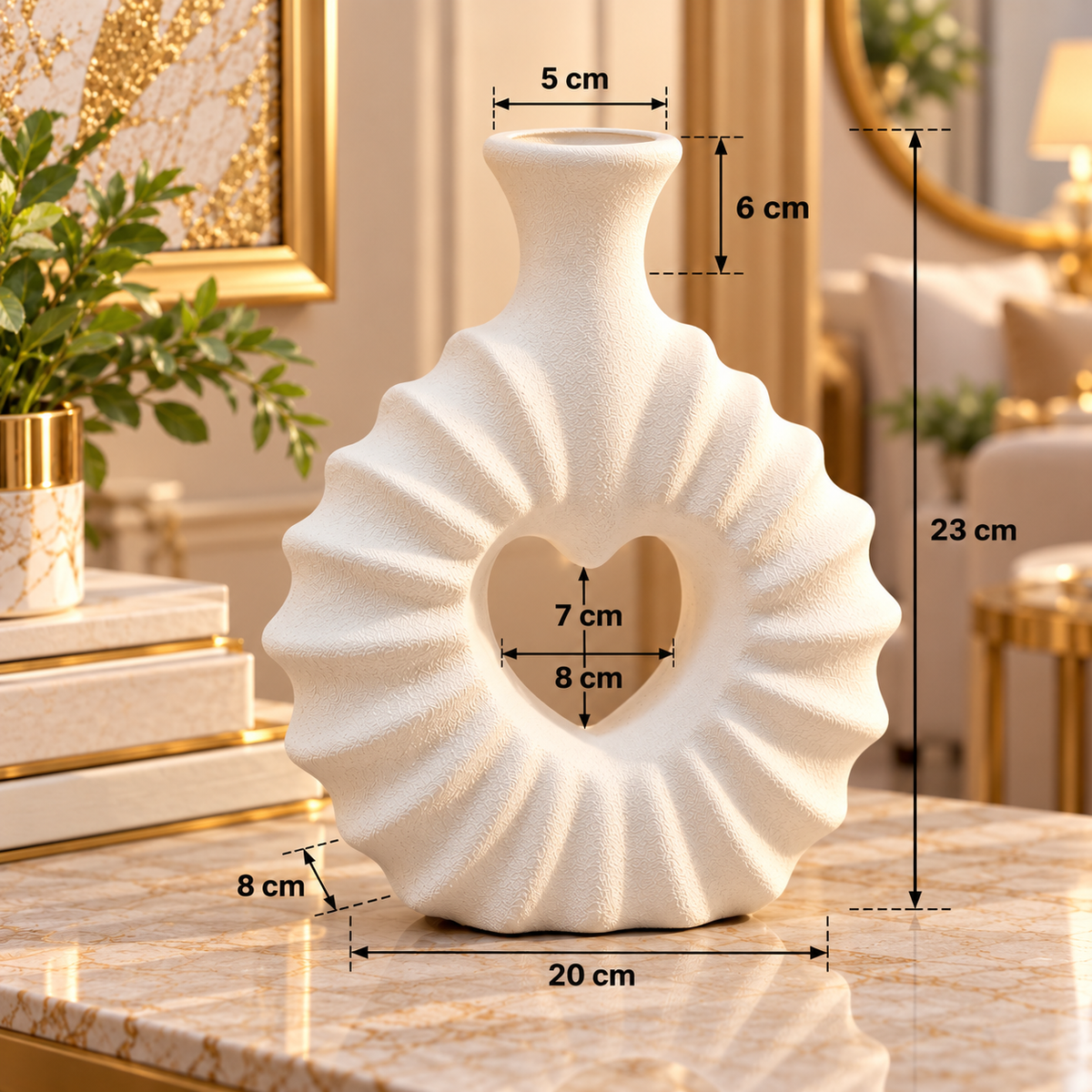 WHITE HEART SHAPE OPEN CENTER RIBBED DECORATIVE VASE - SMALL