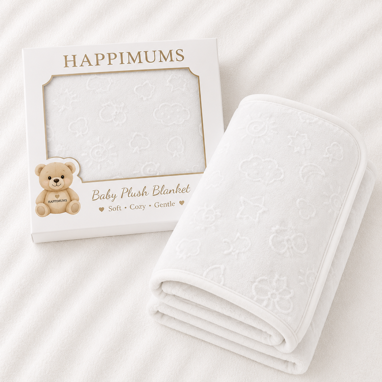 HAPPIMUMS BABY PLUSH SLEEPING BLANKET DOUBLE PLY CLOUD & BOW 110 x 80 - WHITE